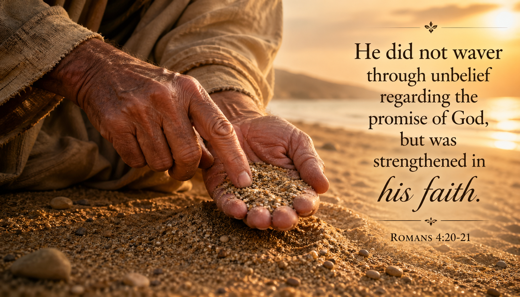 Weathered old hands counting grains of sand on a beach with Romans 4:20-21 verse about Abraham not wavering in faith